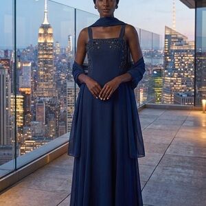 Obsessions Couture Navy Embellished Maxi Dress with Shawl
